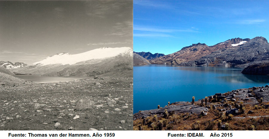 El glaciar Cerros de la Plaza del Paqrue Nacional natural El Cocuy. A la izquierda en 1959 y a la derecha en 2015.